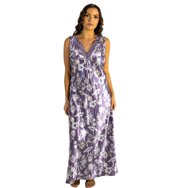 long full length silky shiny satin and lace chemise nightdress with wide fixed straps in a large floral oriental style lilac purple background in UK plus sizes 10, 12, 14, 16, 18, 20, 22, 24, 26, 28,