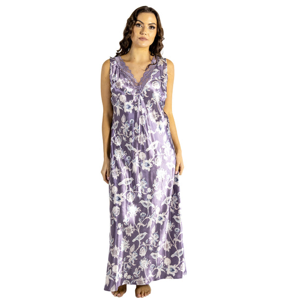 long full length silky shiny satin and lace chemise nightdress with wide fixed straps in a large floral oriental style lilac purple background in UK plus sizes 18, 20, 22, 24, 26, 28,