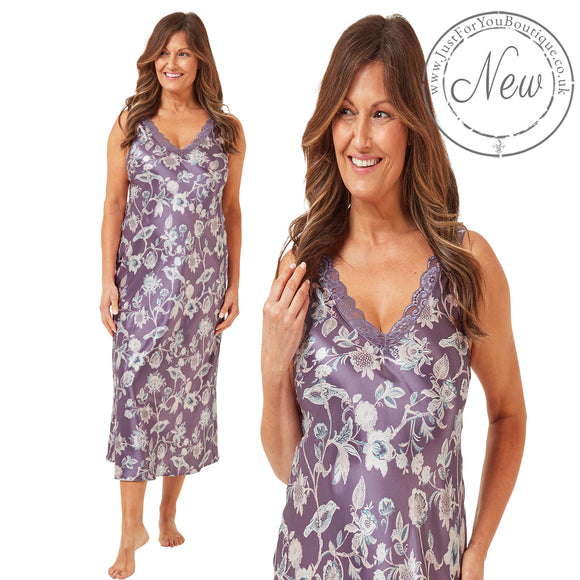 long full length silky shiny satin and lace chemise nightdress with wide fixed straps in a large floral oriental style lilac purple background in UK plus sizes 18, 20, 22, 24, 26, 28,