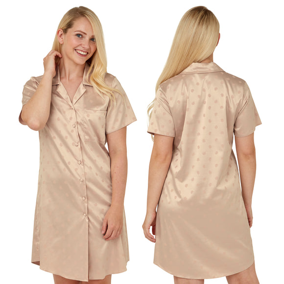 ladies gold jacquard spot print satin nightshirt with a button front, collar, top pocket, short sleeve and shirt style hem in UK size 16, 18, 20, 22, 24, 26