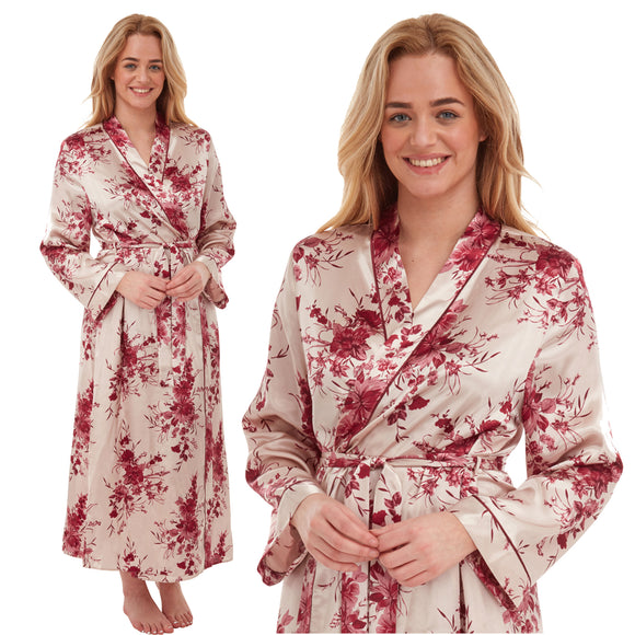 ladies burgundy red floral with a gold background silky shiny satin and lace full length dressing gown, bathrobe, wrap, kimono with full length sleeves in UK sizes 18, 20,