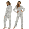 ladies grey check tartan brushed cotton winter pyjamas pjs set with a shirt style which has a button front, collar and long sleeves and full length trousers in UK sizes 8, 10, 12, 14, 16, 18, 20, 22