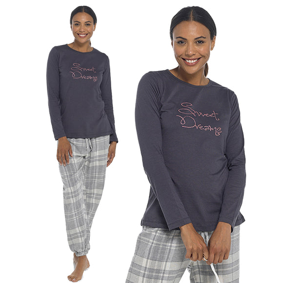 ladies warm winter pyjamas pjs set with a t shirt style top with long sleeves and full length brushed cotton grey check tartan trousers in UK sizes 8, 10,