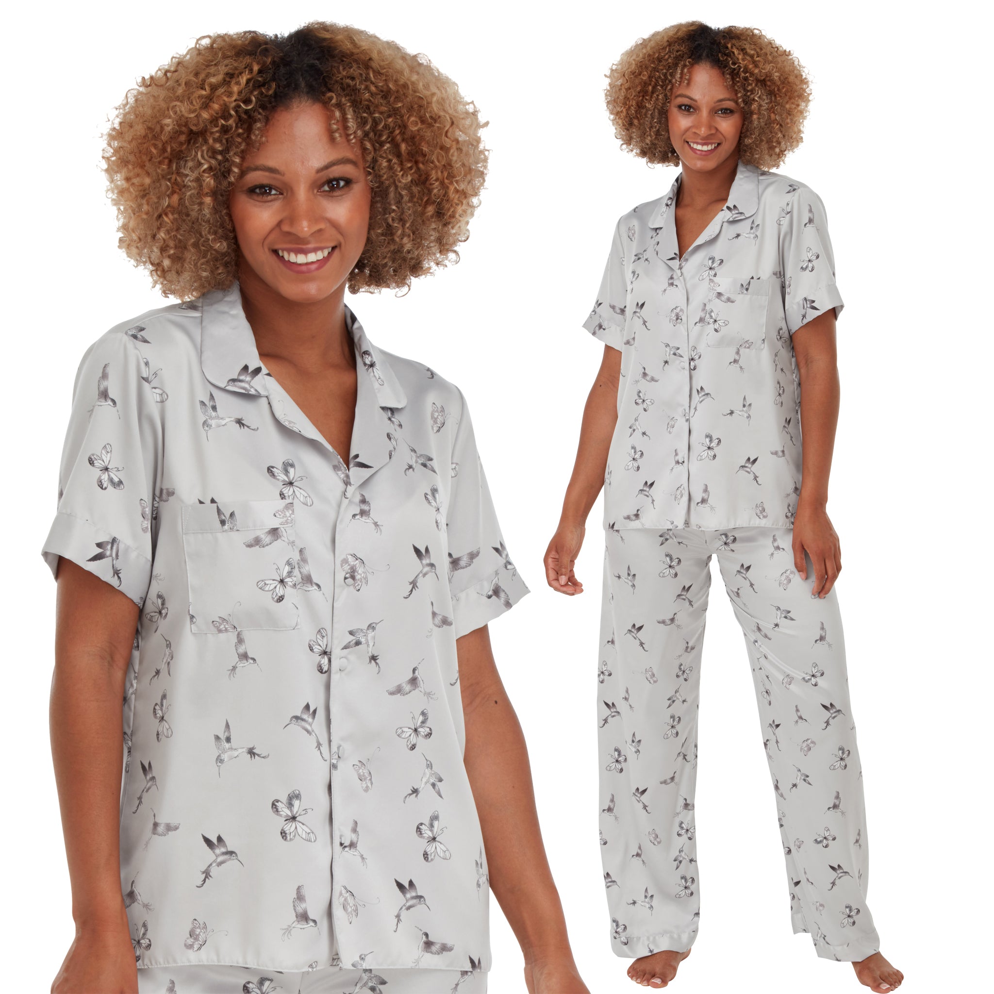 Sexy Satin Grey Humming Bird Butterfly Floral Print Pyjamas PJs Set Ne –  Just For You Boutique®