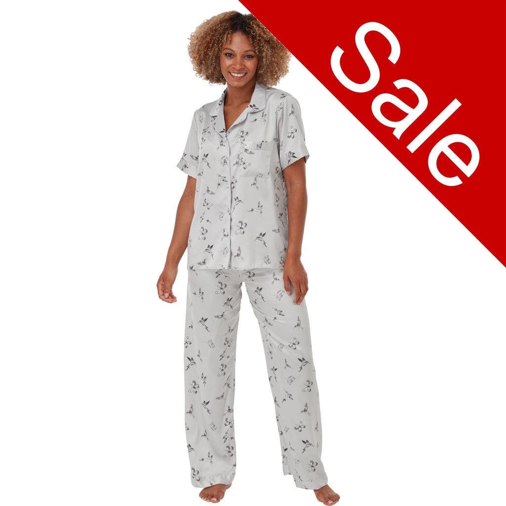 Sale Sexy Satin Grey Humming Bird Butterfly Floral Print Pyjamas PJs Set