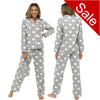 ladies grey heart print brushed cotton winter pyjamas pjs set with a shirt style which has a button front, collar and long sleeves and full length trousers in UK sizes 8, 10, 12, 14, 16, 18, 20, 22