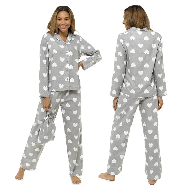 ladies grey heart print brushed cotton winter pyjamas pjs set with a shirt style which has a button front, collar and long sleeves and full length trousers in UK sizes 8, 10, 12, 14, 16, 18, 20, 22