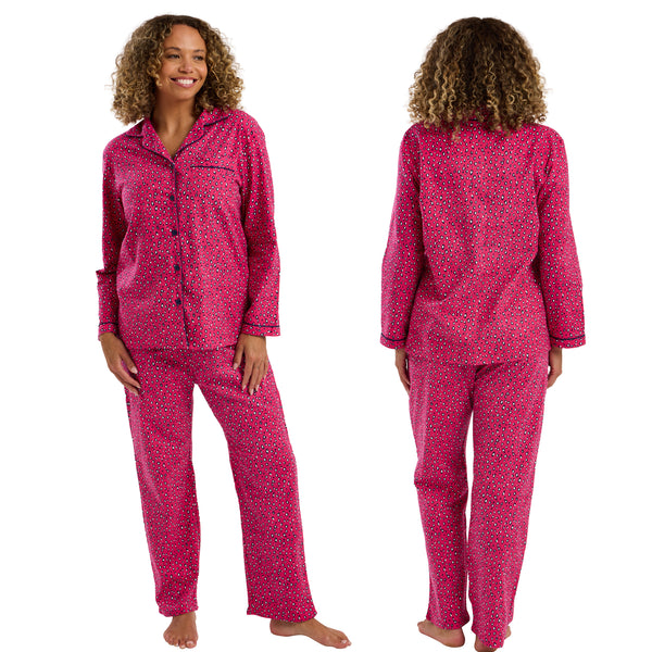Buy ladies hot pink leopard animal print 100% brushed cotton pyjama pjs set winceyette flannelette in UK sizes 12-14. Same day dispatch, fast UK delivery!