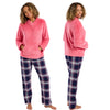 Buy ladies pyjama pjs set with a navy blue check tartan plaid with brushed cotton winceyette, flannel, flannelette, wincey trousers with a hot pink fleece pocketed jumper in UK sizes 8-10, 12-14, 16-18 and 20-22. Same day dispatch, fast UK delivery!