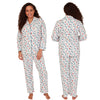 ladies ivory spot brushed cotton winter pyjamas pjs set with a shirt style which has a button front, collar and long sleeves and full length trousers in UK sizes 10, 12, 14, 16, 18, 20