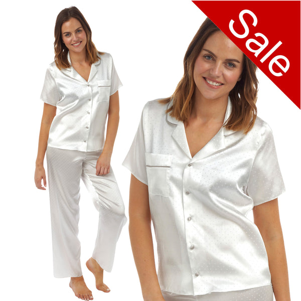 Sale Sexy Satin Ivory White Polka Dot Spot Jaquard Pyjamas PJs Set Negligee Lingerie
