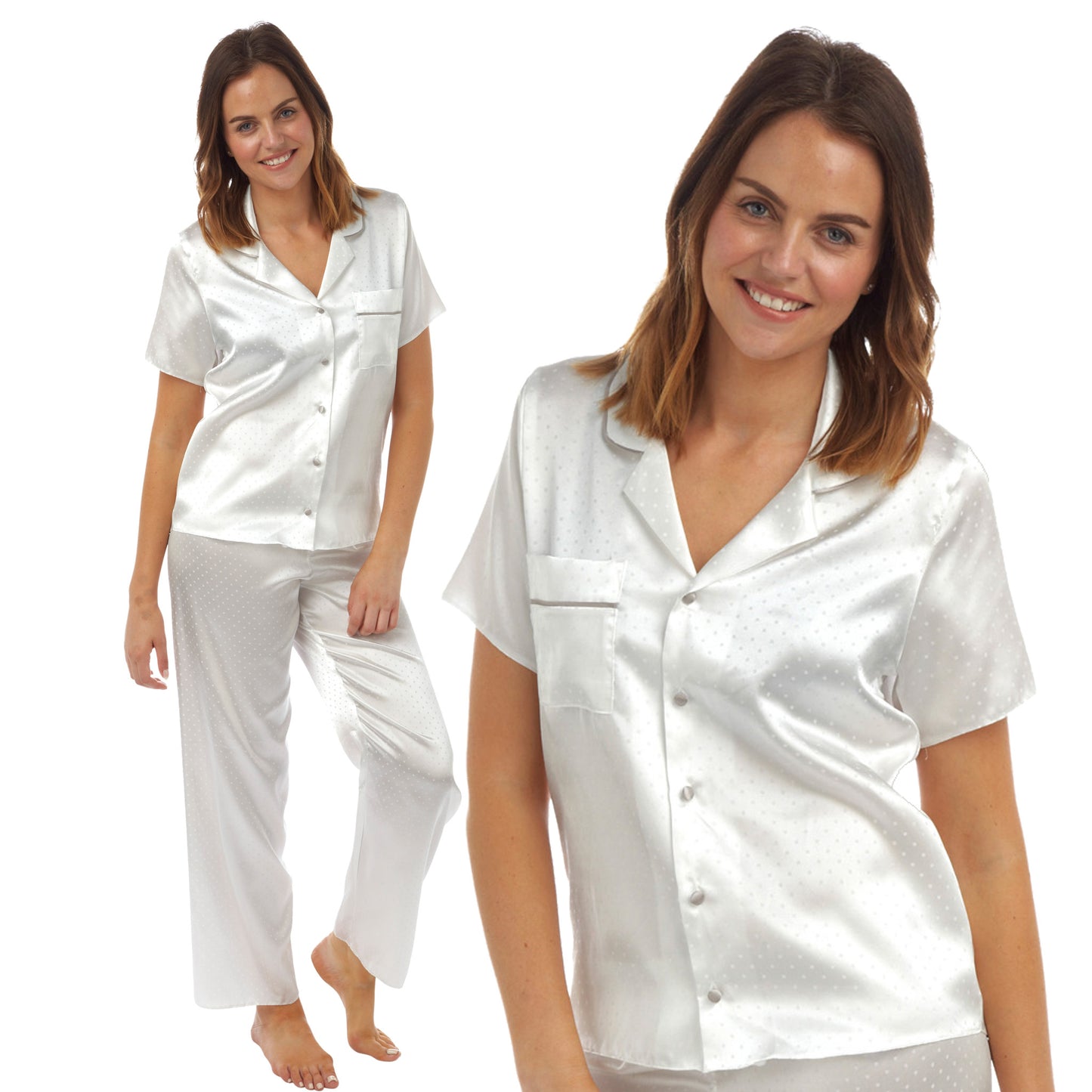 ivory jacquard spot print satin pjs set consisting of a shirt style top with a collar, top pocket and button up front with matching full length trousers with an elasticated waist band in UK size 18