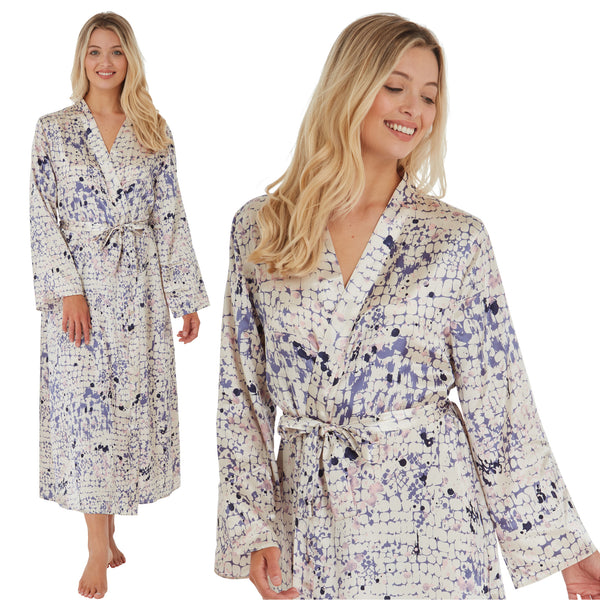 ladies ivory white background with a blue and pink animal print silky shiny satin full length dressing gown, bathrobe, wrap, kimono with full length sleeves in UK sizes 10, 12, 14, 16, 18, 20