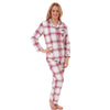 ladies ivory background with a red check tartan brushed cotton winter pyjamas pjs set with a shirt style which has a button front, collar and long sleeves and full length trousers in UK sizes 18, 20