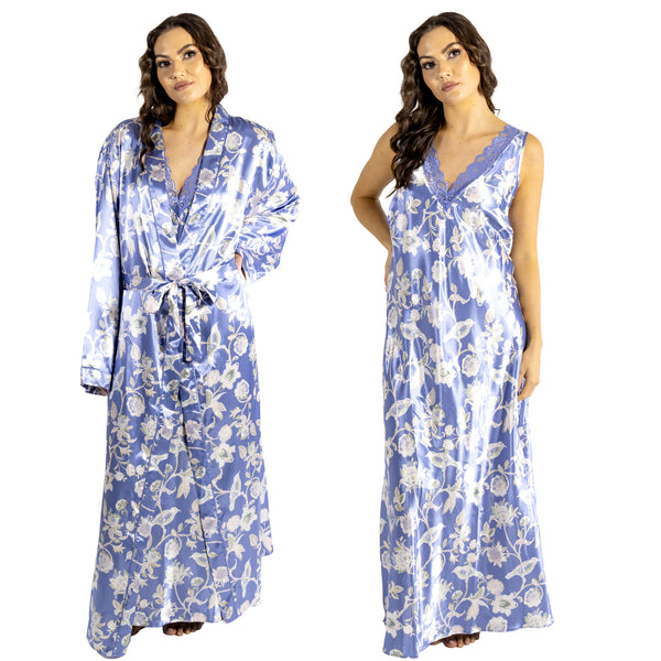 Light blue floral silky shiny satin and lace matching wide strap nightdress and dressing gown robe set which is full length in UK plus sizes 18, 20, 22, 24, 26, 28