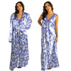 Light blue floral silky shiny satin and lace matching wide strap nightdress and dressing gown robe set which is full length in UK plus sizes 10, 12, 14, 16, 18, 20, 22, 24, 26, 28