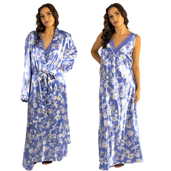 Light blue floral silky shiny satin and lace matching wide strap nightdress and dressing gown robe set which is full length in UK plus sizes 10, 12, 14, 16, 18, 20, 22, 24, 26, 28