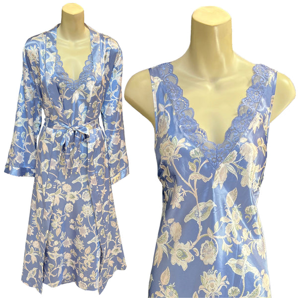 Light blue floral silky shiny satin and lace matching wide strap nightdress and dressing gown robe set which is full length in UK plus sizes 18, 20, 22, 24, 26, 28