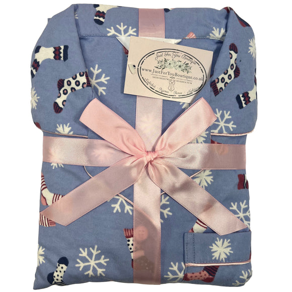 Blue Winter Print Flannelette Wincey PJs Pyjama Set 100% Cotton