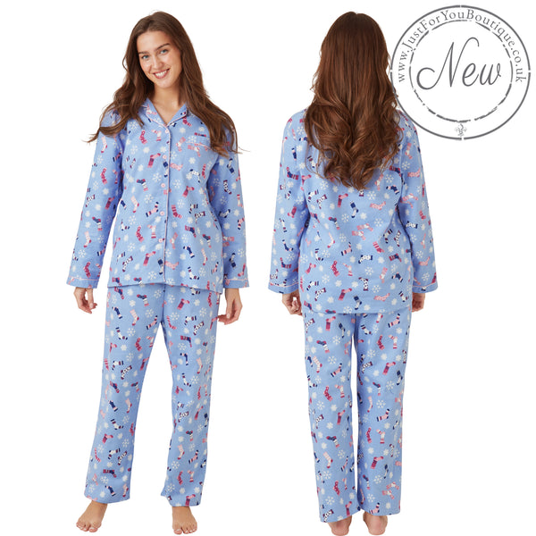 Buy ladies blue winter snowflake print 100% brushed cotton winceyette flannelette pyjama pjs set in UK sizes 12-14, 16-18, 20-22. Same day dispatch, fast UK delivery!