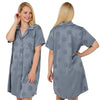 ladies blue jacquard spot print satin nightshirt with a button front, collar, top pocket, short sleeve and shirt style hem in UK size 16, 18, 24, 26