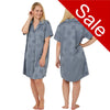 ladies blue jacquard spot print satin nightshirt with a button front, collar, top pocket, short sleeve and shirt style hem in UK size 16, 18, 24, 26