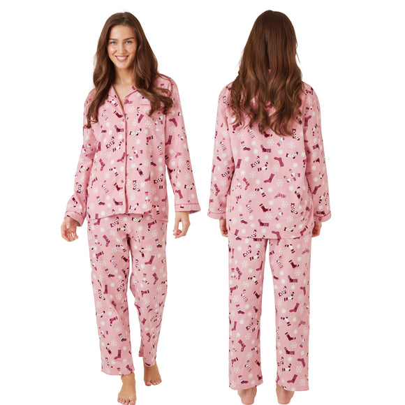 ladies pink winter print 100% brushed cotton winceyette flannelette pyjama pjs set in UK sizes 12-14, 16-18, 20-22. Same day dispatch, fast UK delivery!