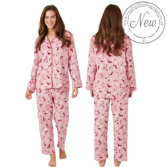 Buy ladies pink winter snowflake print 100% brushed cotton winceyette flannelette pyjama pjs set in UK sizes 12-14, 16-18, 20-22. Same day dispatch, fast UK delivery!