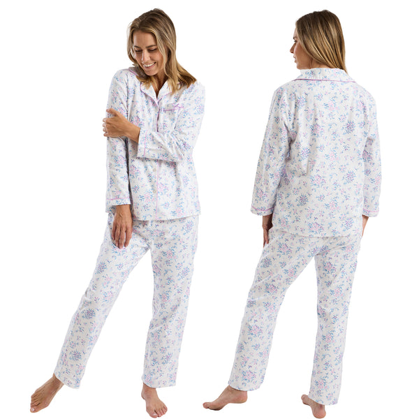 Buy ladies lilac ditsey floral print 100% brushed cotton winceyette flannelette pyjama pjs set in UK size 20-22. Same day dispatch, fast UK delivery!