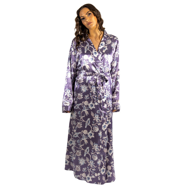 ladies floral lilac purple silky shiny satin and lace full length dressing gown, bathrobe, wrap, kimono with full length sleeves trimmed with lace in UK plus sizes 10, 12, 14, 16, 18, 20, 22, 24, 26, 28