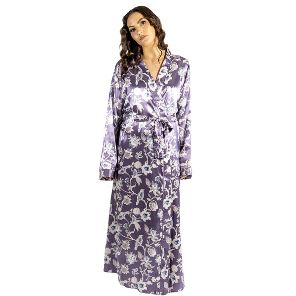 ladies floral lilac purple silky shiny satin and lace full length dressing gown, bathrobe, wrap, kimono with full length sleeves trimmed with lace in UK plus sizes 18, 20, 22, 24, 26, 28