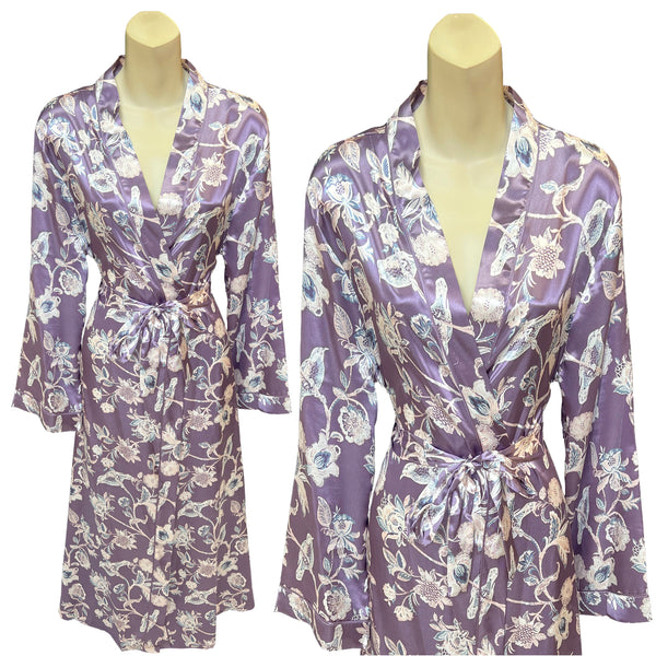 ladies floral lilac purple silky shiny satin and lace full length dressing gown, bathrobe, wrap, kimono with full length sleeves trimmed with lace in UK plus sizes 18, 20, 22, 24, 26, 28
