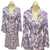 ladies floral lilac purple silky shiny satin and lace full length dressing gown, bathrobe, wrap, kimono with full length sleeves trimmed with lace in UK plus sizes 18, 20, 22, 24, 26, 28