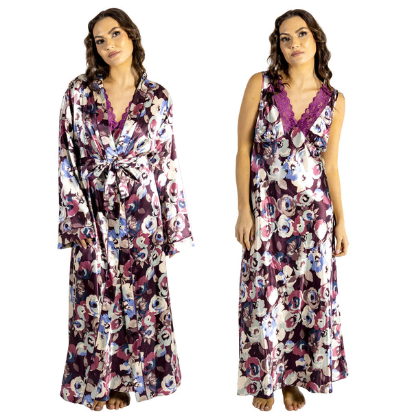 Purple abstract floral silky shiny satin and lace matching wide strap nightdress and dressing gown robe set which is full length in UK plus sizes 14, 16, 18, 20, 22, 24, 26, 28
