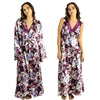 Purple abstract floral silky shiny satin and lace matching wide strap nightdress and dressing gown robe set which is full length in UK plus sizes 14, 16, 18, 20, 22, 24, 26, 28