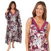 Purple abstract floral silky shiny satin and lace matching wide strap nightdress and dressing gown robe set which is full length in UK plus sizes 14, 16, 18, 20, 22, 24, 26, 28