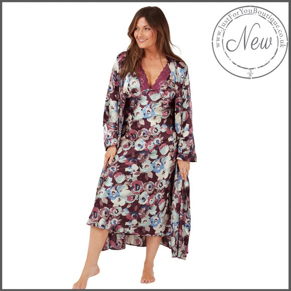 mulberry purple abstract floral silky shiny satin and lace matching wide strap nightdress and dressing gown robe set which is full length in UK plus sizes 14, 16, 18, 20, 22, 24, 26, 28