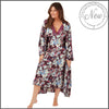mulberry purple abstract floral silky shiny satin and lace matching wide strap nightdress and dressing gown robe set which is full length in UK plus sizes 14, 16, 18, 20, 22, 24, 26, 28