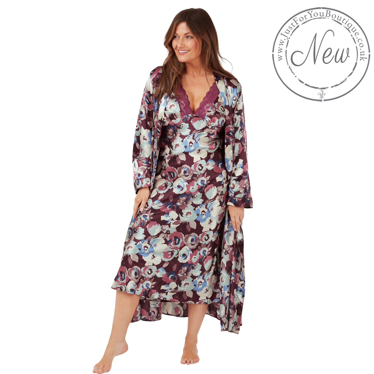 Purple abstract floral silky shiny satin and lace matching wide strap nightdress and dressing gown robe set which is full length in UK plus sizes 14, 16, 18, 20, 22, 24, 26, 28