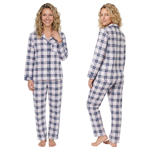 Buy ladies navy blue check tartan plaid 100% brushed cotton winceyette flannelette pyjama pjs set in UK sizes 12-14, 16-18, 20-22. Same day dispatch, fast UK delivery!