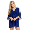 ladies navy blue kaftan beach cover up which has 3/4 sleeves and an open cold shoulder detail with a vee neck and side slits in UK sizes 8, 10, 12, 14