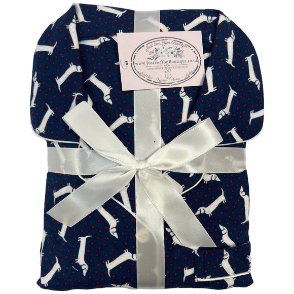 ladies navy sausage dog print 100% brushed cotton winceyette flannelette pyjama pjs set in UK sizes 12-14, 16-18, 20-22. Same day dispatch, fast UK delivery!
