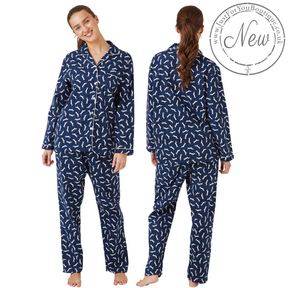 Buy ladies navy blue dashund sausage dog 100% brushed cotton winceyette flannelette pyjama pjs set in UK sizes 12-14, 16-18, 20-22. Same day dispatch, fast UK delivery!