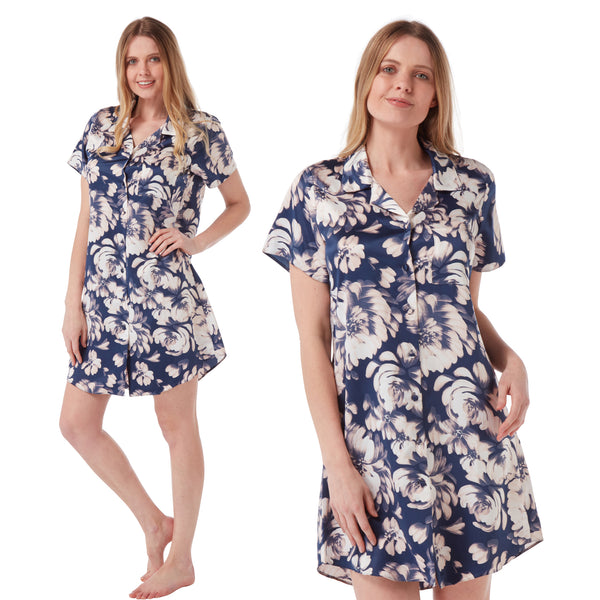 ladies navy blue background with a large white floral print in mat satin nightshirt with a button front, collar, top pocket, short sleeve and shirt style hem in UK size 10, 12, 14, 16, 18,