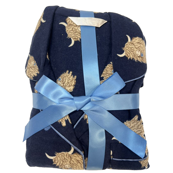 Buy ladies navy blue highland cow 100% brushed cotton winceyette flannelette pyjama pjs set in UK sizes 12-14, 16-18, 20-22. Same day dispatch, fast UK delivery!