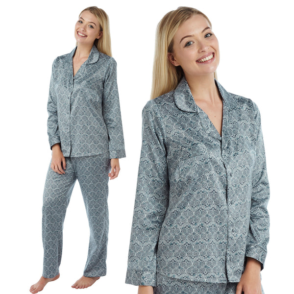 navy ikat heart floral print satin pjs set consisting of a shirt style top with full length sleeves, a collar, top pocket and a button up front with matching full length trousers in UK sizes 8, 10, 16, 18