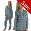 navy ikat heart floral print satin pjs set consisting of a shirt style top with full length sleeves, a collar, top pocket and a button up front with matching full length trousers in UK sizes 8, 10, 