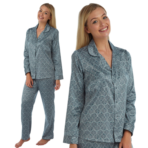 navy ikat heart floral print satin pjs set consisting of a shirt style top with full length sleeves, a collar, top pocket and a button up front with matching full length trousers in UK sizes 8, 10, 16, 18