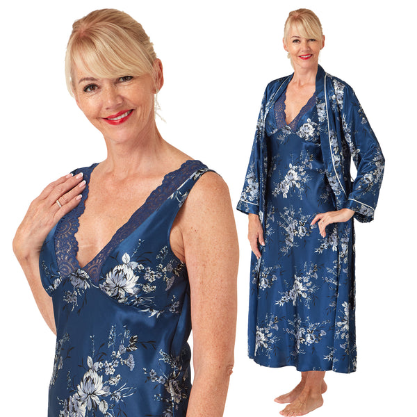 teal blue floral silky shiny satin and lace matching wide strap nightdress and dressing gown robe set which is full length in UK plus sizes 14, 16, 18, 20, 22, 24, 26, 28