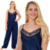 plain navy blue shiny silky satin pjs set which comes with a cami top with adjustable straps and lace trim. The trousers are full length with an elasticated waist band in UK plus sizes 12, 14, 16, 18, 20, 22, 24, 26, 28, 30, 32,